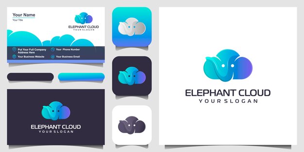 Een combinatie van wolken en olifanten logo ontwerp inspiratie, set visitekaartjes