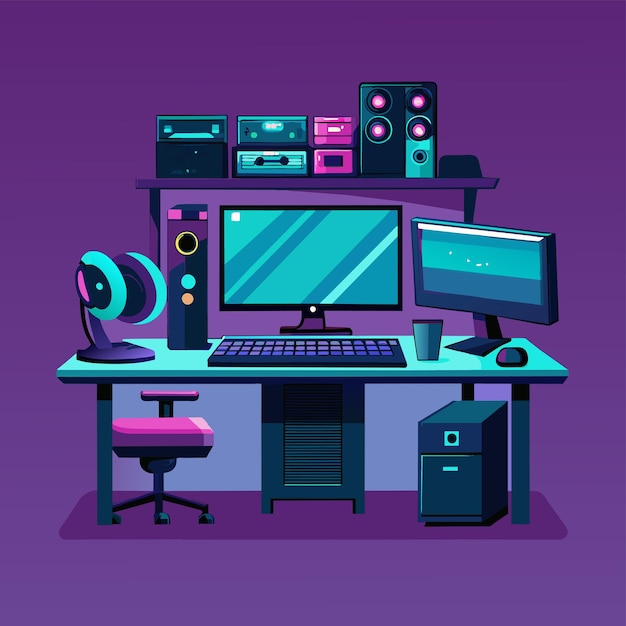 Vector een computer bureau met een monitor en toetsenbord bovenop een hightech bureau setup met meerdere monitors en een gaming toetsenbord eenvoudige en minimalistische platte vector illustratie