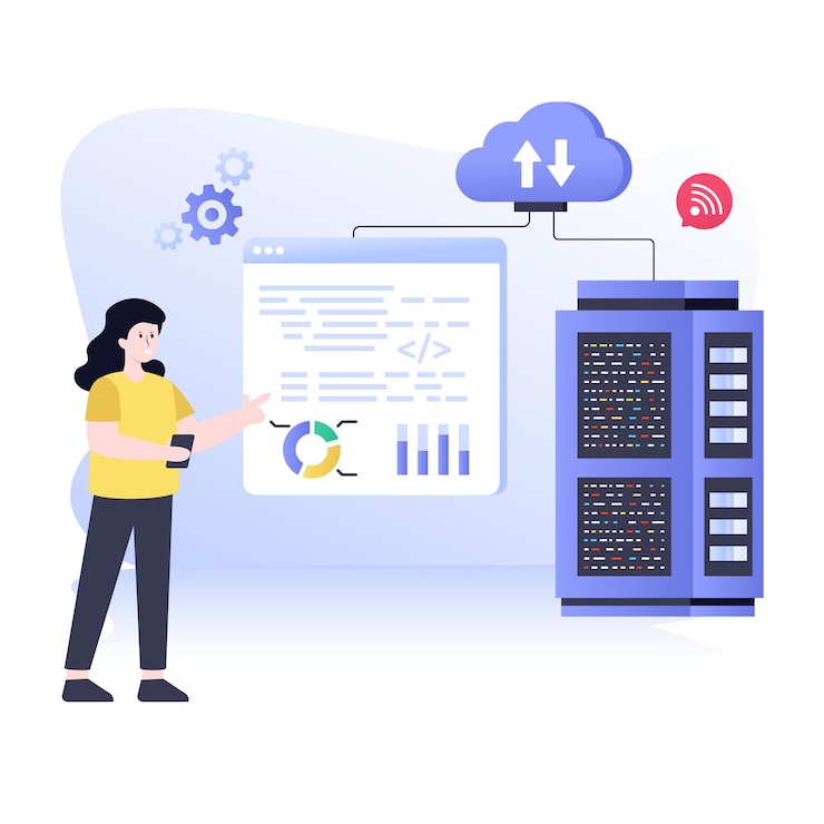 Vector een concept van webhostingserver en cloudopslagkarakterillustratie