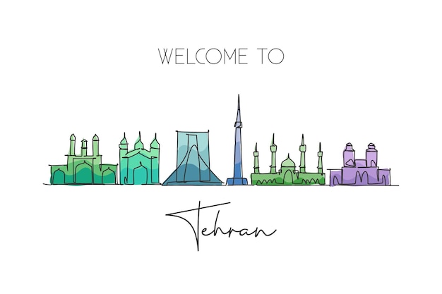 Eén continue lijn tekenen Teheran skyline Iran Beroemde stad schraper en landschap ontwerp vector