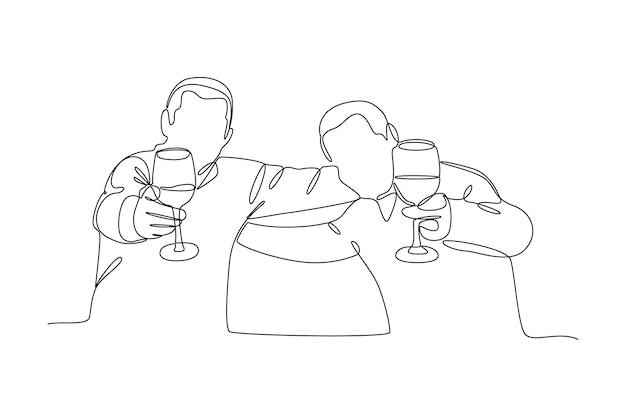 Eén continue lijn tekening van gelukkige mensen die glazen klinken en drinken op een feestelijk feest.