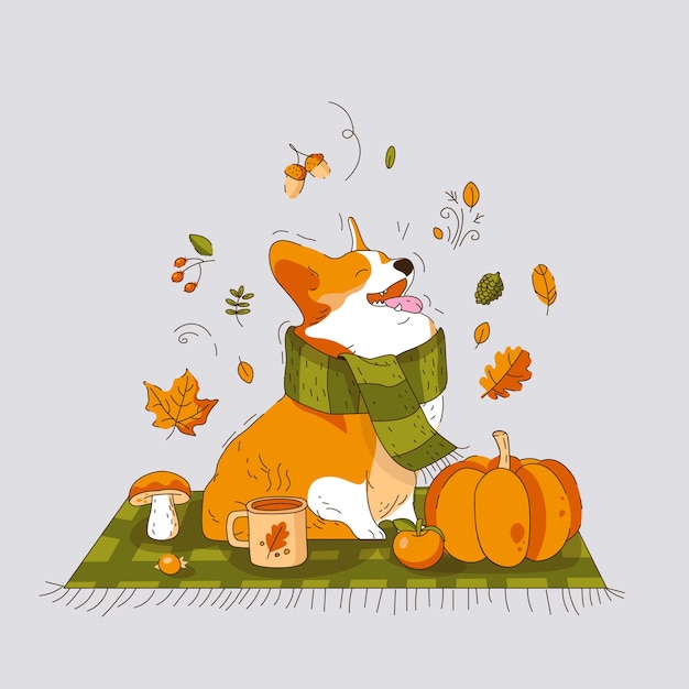 Vector een corgi-hond in een sjaal zit op een deken picnic in herfststijl vectorillustratie