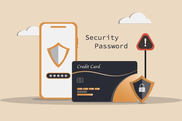 Vector een creditcard van een mobiele telefoon en een beveiligingspasscode worden in een afbeelding weergegeven