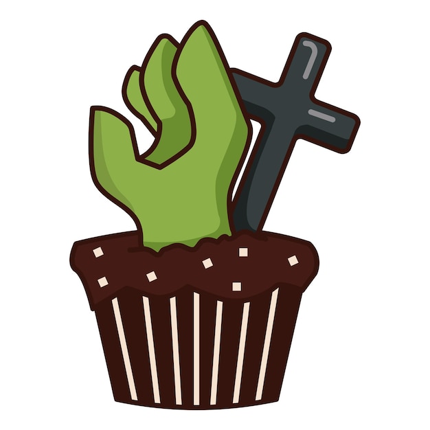 Een cupcake met een zombiehand en een grafsteenkruis Halloween-snoep