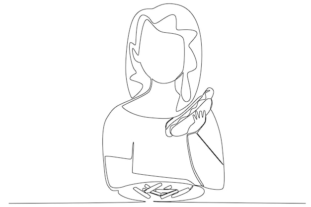 Een dame aan het ontbijt met gezond voedsel Ontbijt oneline tekening