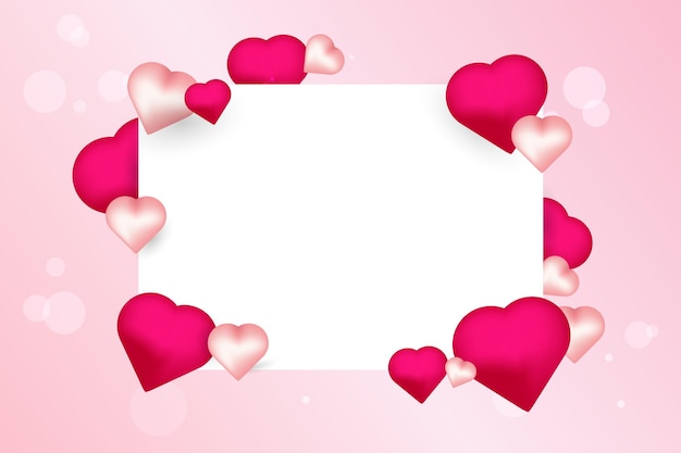 Een decoratief Valentin-ontwerp met een rechthoekig wit frame omringd door roze en rode harten van verschillende maten op een zachte roze achtergrond met bokeh-effecten