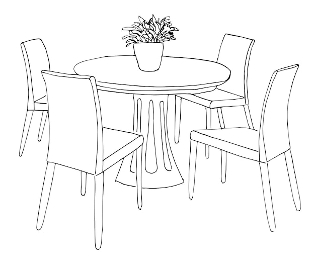 Een deel van de eetkamer. Ronde tafel en stoelen. Op de tafel vaas met bloemen. Hand getrokken schets. Vector illustratie.