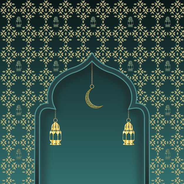 Vector een deur met een wassende maan en een kader voor de tekst ramadan kareem.