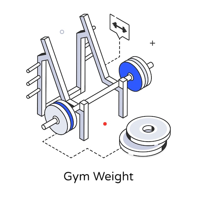 Een diagram van een sportschoolgewichtsmachine met een lange halter en een halterstang.