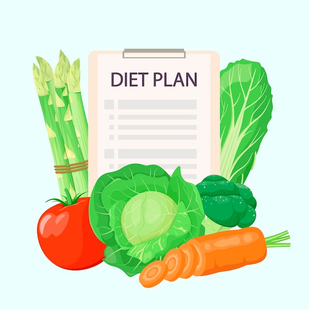 Een dieetplan met groenten. Gezonde voeding. Cartoon ontwerp.