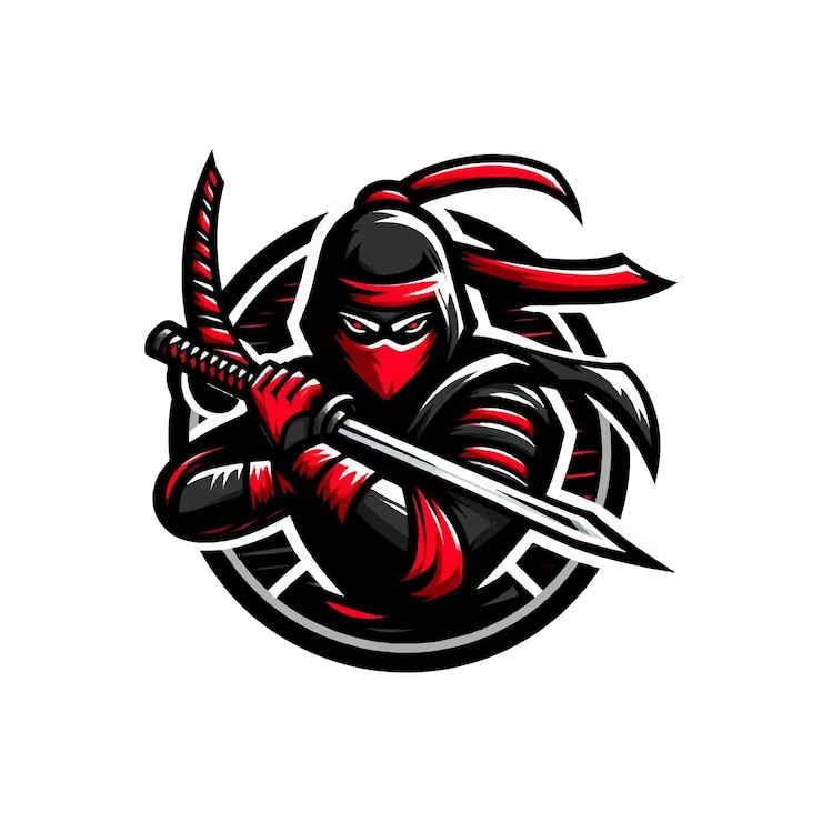 Vector een digitale illustratie van een ninja krijger logo met zwart en rood kleurenschema