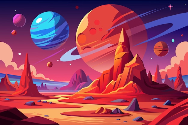 Vector een digitale illustratie van een planeet met planeten en planeten