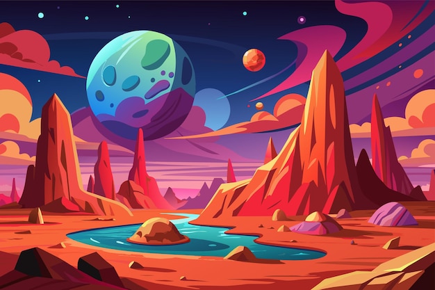 Vector een digitale kunstillustratie van een planeet met een zwembad van water en planeten