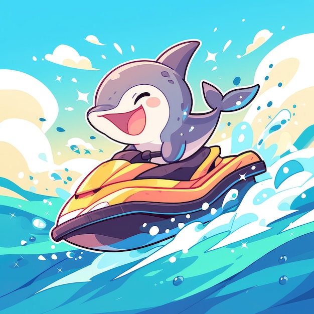 Een dolfijn op een jet ski cartoon stijl