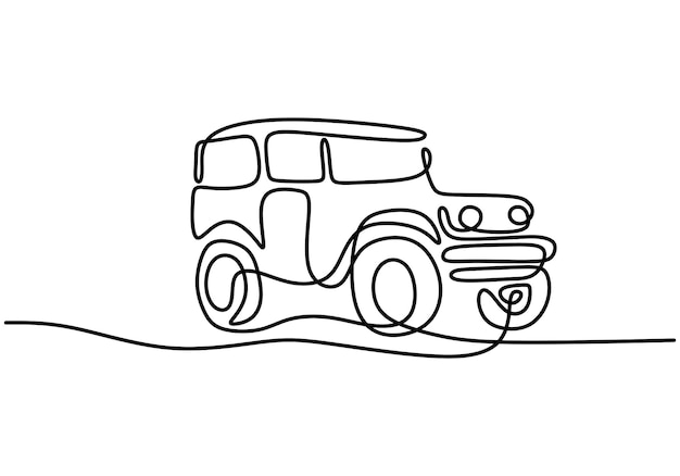 Een doorlopende enkele hand getekende lijn van jeep wrangler auto avontuur off-road rally voertuig transport concept een klassieke jeep geïsoleerd op een witte achtergrond vectorillustratie