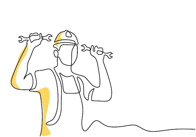 Een doorlopende enkele lijntekening van een jonge man monteur met een helm en een moersleutel set Professioneel werk baan bezetting minimalistisch concept Happy Labor Day Vector illustratie