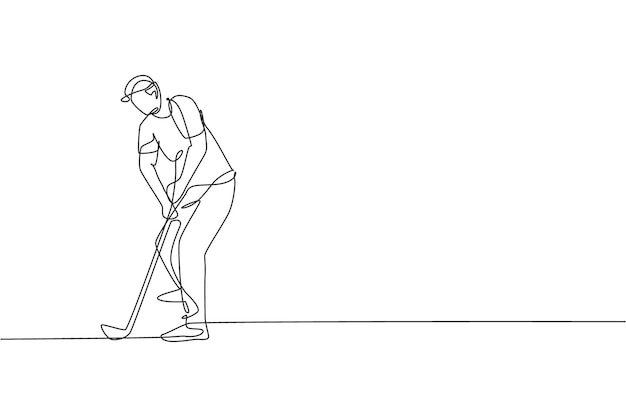 Een doorlopende lijn tekening van een jonge golfspeler die de golfclub schommelt en de bal raakt.