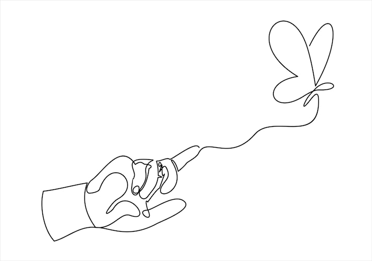 Vector een doorlopende lijn tekening van een vlinder in de hand