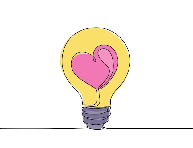 Eén doorlopende lijntekening schijnt gloeilamp met power love icon logo embleem Creatieve aantrekkingskracht