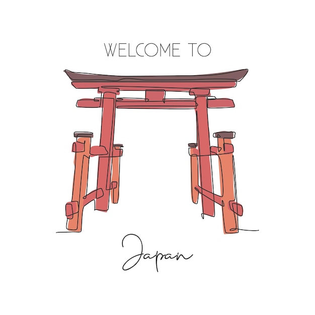 Vector een doorlopende lijntekening torii gate mijlpaal groet wereld iconisch element in de japanse cultuur vakantie vakantie muur decor poster print concept moderne enkele lijn tekenen ontwerp vectorillustratie