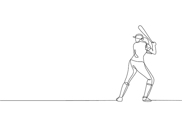 Eén doorlopende lijntekening van de praktijk van een vrouwelijke honkbalspeler om de bal te slaan op de veldontwerpvector