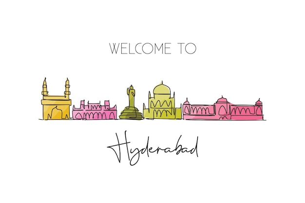Een doorlopende lijntekening van de skyline van de stad Hyderabad India Mooie stad bezienswaardigheid ontwerp vector