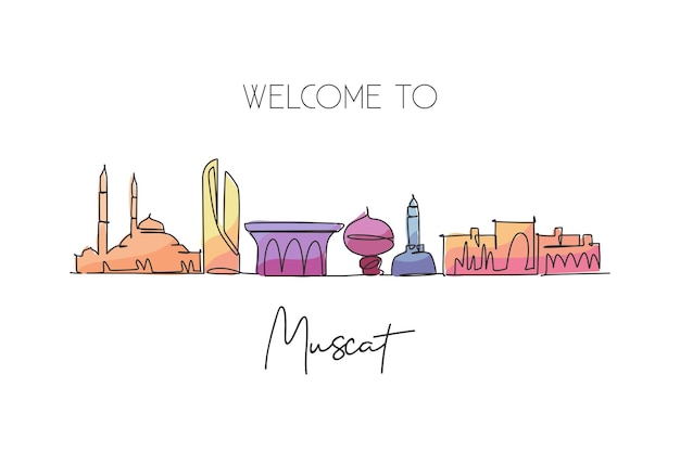 Eén doorlopende lijntekening van de skyline van Muscat Oman Mooie stad bezienswaardigheid muur decoratie design vector