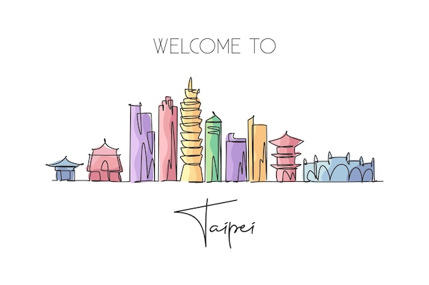 Een doorlopende lijntekening van de skyline van Taipei Taiwan Landmark world landscape design grafische vector