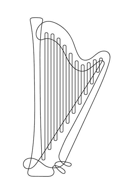 Een doorlopende lijntekening van een harp met snaren geïsoleerd op een witte achtergrond.