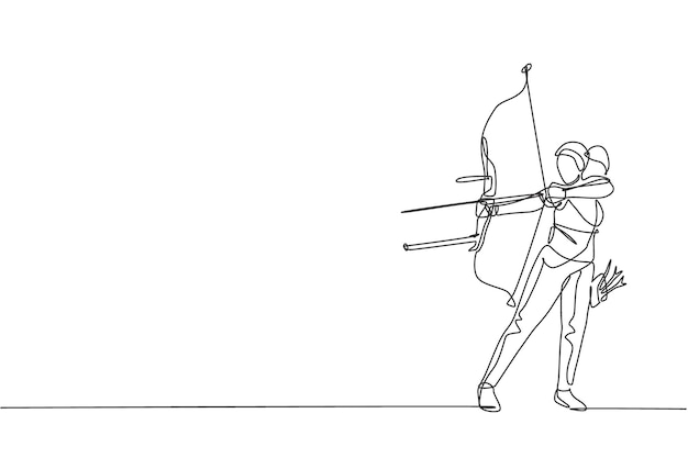 Een doorlopende lijntekening van een jonge boogschutter die de boog trekt om een boogschietdoel te schieten