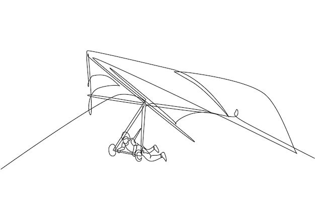 Een doorlopende lijntekening van een jonge man die in de lucht vliegt met behulp van een hanggliding parachute sportvector