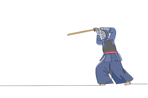 Een doorlopende lijntekening van een jonge sportieve man die kendo traint. gezond krijgskunstsportconcept