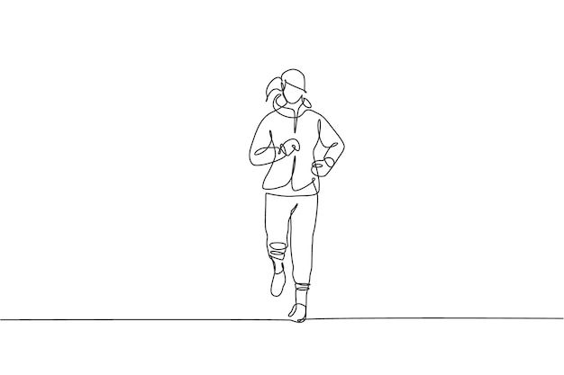 Een doorlopende lijntekening van een jonge, sportieve runner-vrouw die ontspant op het platteland Design-vector