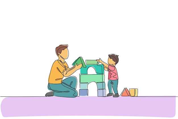 Een doorlopende lijntekening van een jonge vader die speelt met zijn zoon die een huis bouwt van schuimpuzzelblokspeelgoed