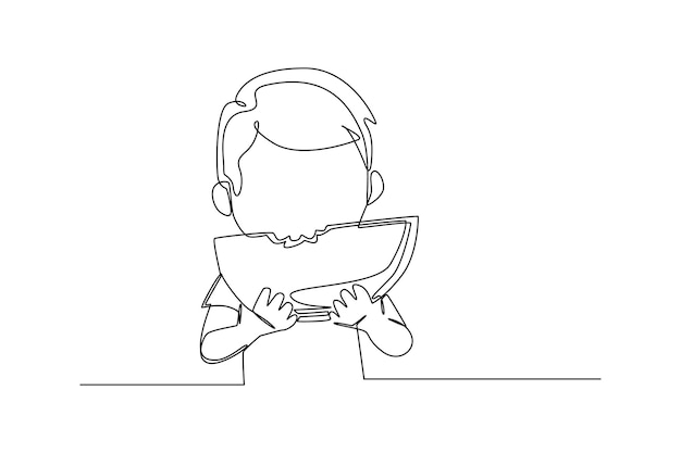 Een doorlopende lijntekening van een jongen die watermeloen eet, een zomerfeestje met een enkele lijn, ontwerp grafische afbeelding