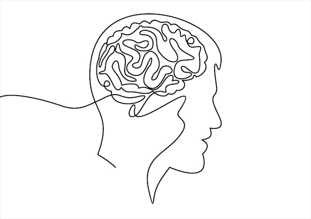 Eén doorlopende lijntekening van een menselijk hoofd met slimme hersenen erin vanaf het zijaanzichtlogopictogram