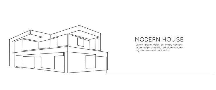 Een doorlopende lijntekening van een modern huis met minimalistische architectuur. Trendy villa met twee verdiepingen in doodle lineaire stijl geïsoleerd op een witte achtergrond. Vector illustratie.