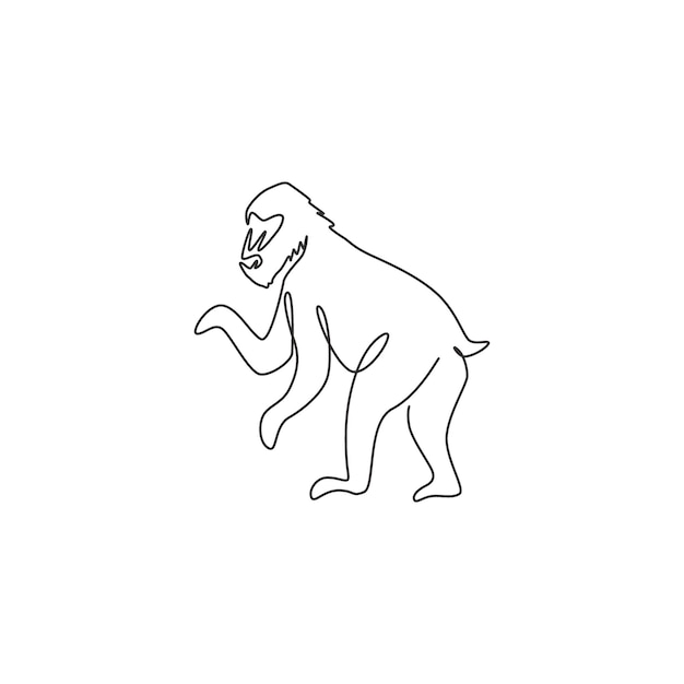 Eén doorlopende lijntekening van een schattige mandril voor het bedrijfslogo Grote exotische aap mascotte voor het dierentuin icoon