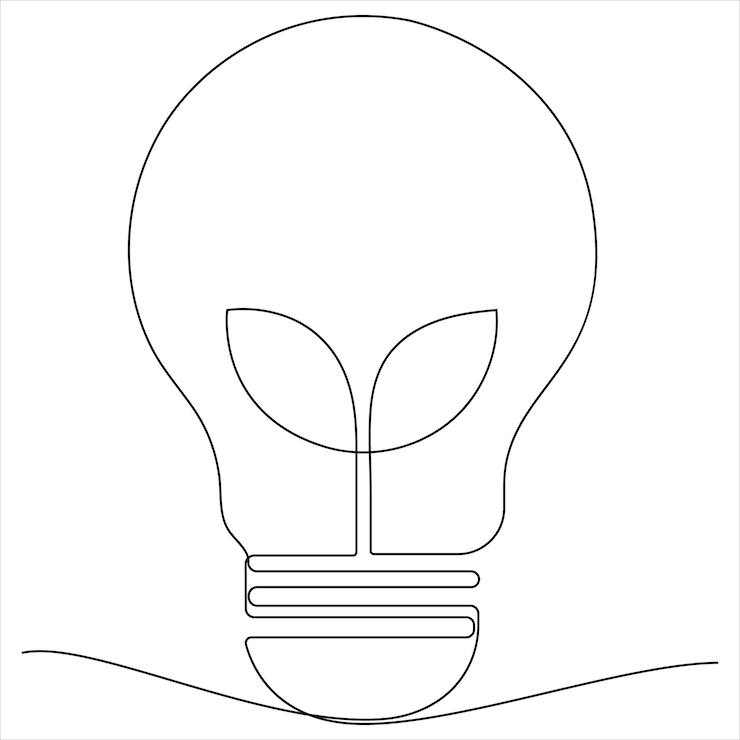 Vector een doorlopende lijntekening van een schone gloeilamp met een groen blad van een biologische plant in het icoonlogo