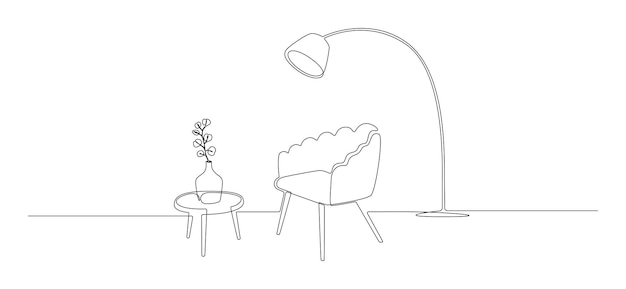 Een doorlopende lijntekening van fauteuil en loft lamp en vaas met plant Moderne Scandinavische en zachte meubelstoel in eenvoudige lineaire stijl Doodle vectorillustratie