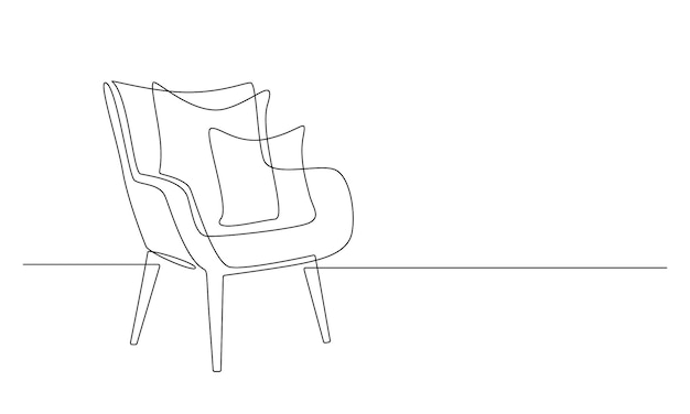 Een doorlopende lijntekening van fauteuil met kussens. Stijlvolle Scandinavische meubels in eenvoudige lineaire stijl. Bewerkbare lijn Vectorillustratie