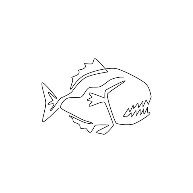 Eén doorlopende lijntekening van gevaarlijke piranha Monstervis mascotte voor gevaarlijk rivier teken icoon