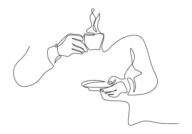 Een doorlopende lijntekening van handen met een kopje warme koffie geïsoleerd op een witte achtergrond Hete koffie of thee concept art enkele regel minimalistische stijl Vector koffie illustratie