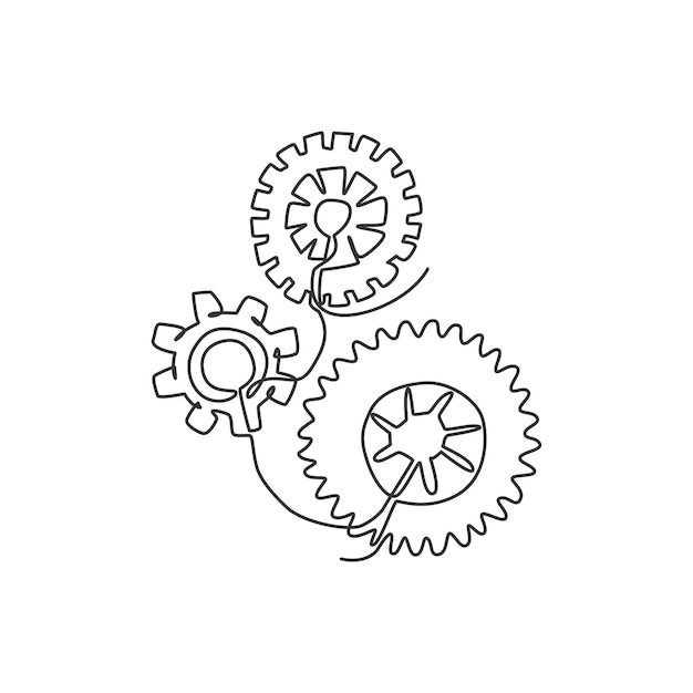 Vector eén doorlopende lijntekening van het embleem van het mechanische motorversnellingsbaklogo. rond wielmetaalsymboollogo