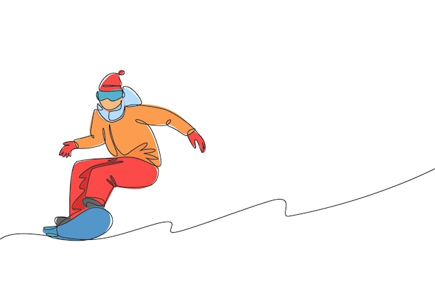 Een doorlopende lijntekening van jonge sportieve man snowboarder springen Winter levensstijl sport vector