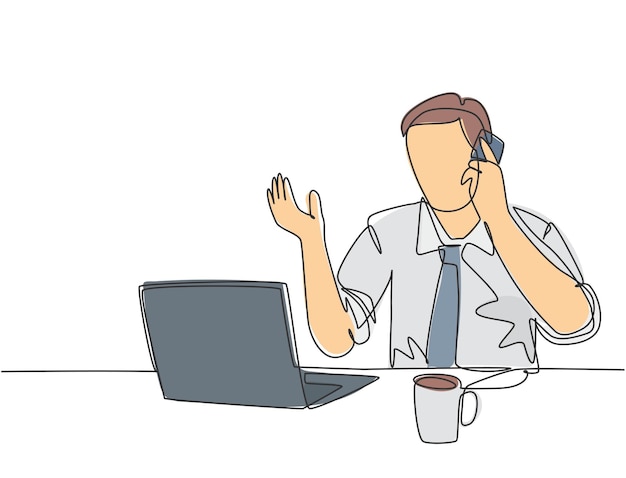 Een doorlopende lijntekening van mannelijke manager die op laptop typt en een telefoontje van zakelijke collega