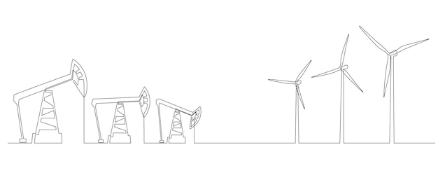 Vector een doorlopende lijntekening van oliepompen aansluitingen en windturbines concept van energiecrisis en hernieuwbare en niet-hernieuwbare bronnen in eenvoudige lineaire stijl bewerkbare beroerte doodle vectorillustratie