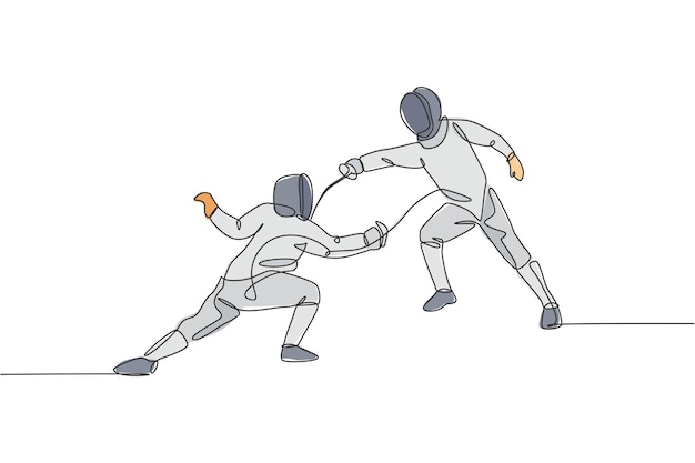Een doorlopende lijntekening van twee jonge mannen die atleten schermen, oefenen vechtontwerpillustratie