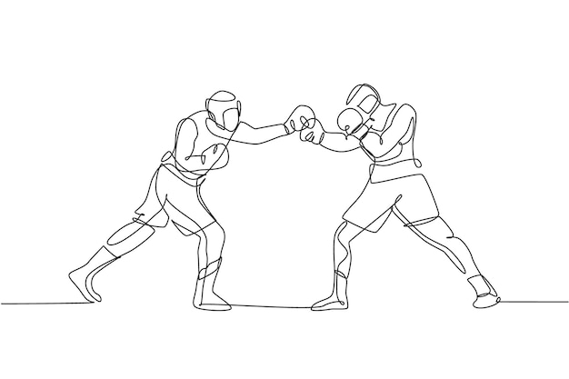 Eén doorlopende lijntekening van twee jonge, sportieve mannen, bokserduel bij boksring Combat design vector