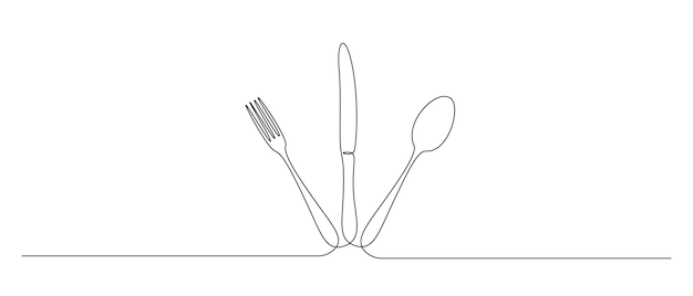 Een doorlopende lijntekening van voedsel tools lepel vork en mes voor decoratie restoran menu in eenvoudige lineaire stijl bewerkbare beroerte doodle vectorillustratie